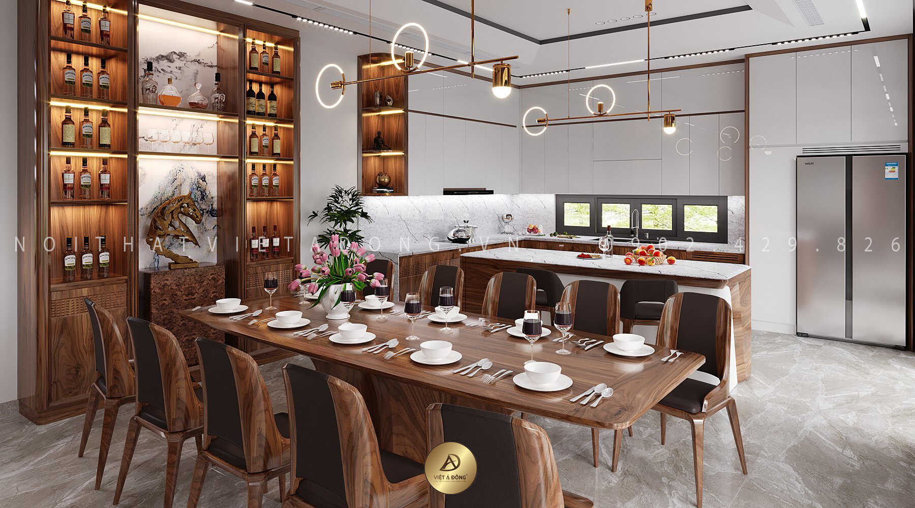 Bàn ăn gỗ óc chó 10 ghế sang trọng